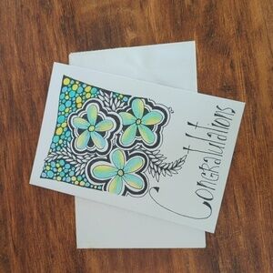 🌻 5/$20 Handmade Floral Zentangle Card- Blue, Yellow & Black- Congratulations
